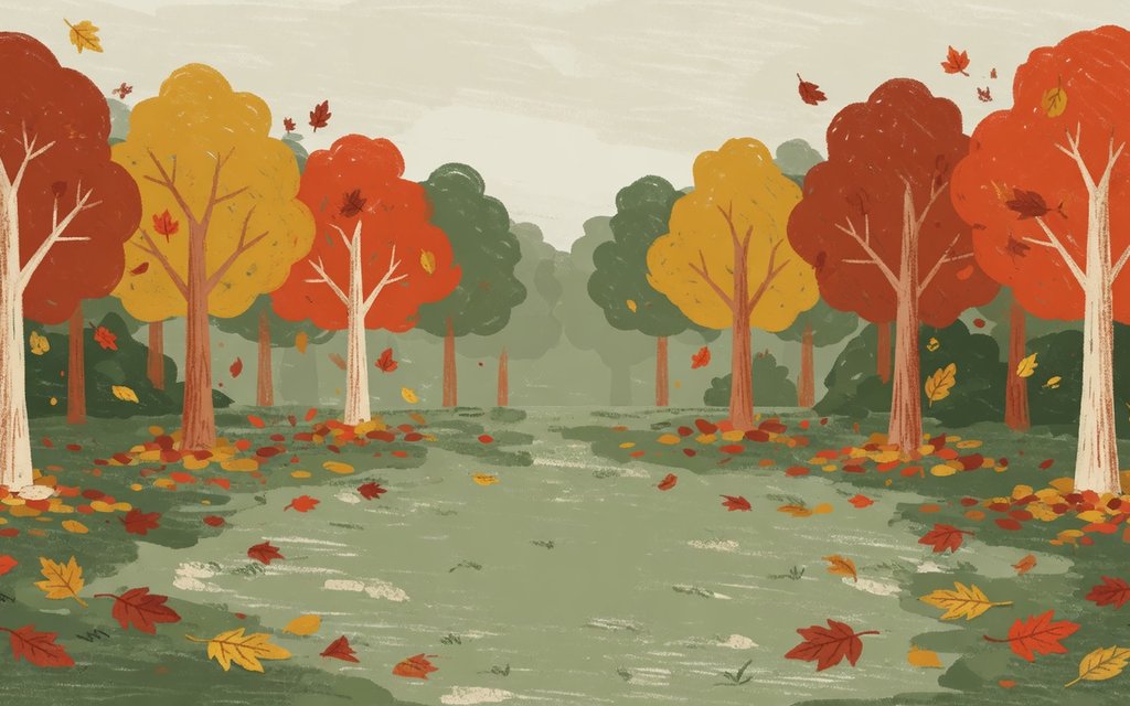 Illustrated autumn campsite with a vintage RV among orange hardwoods